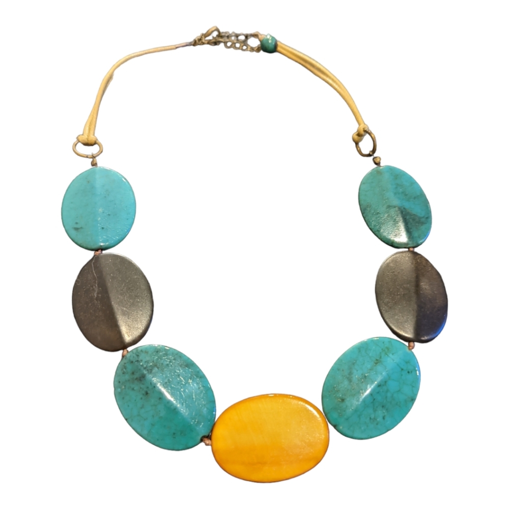 Turquoise brown and gold flat beaded necklace
